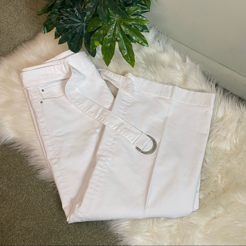 Ann Taylor Women's Belted Waist The Wide Leg Crop Cropped Pants White Silver 8